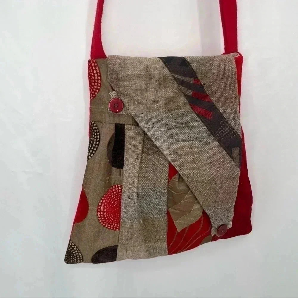 The Beautiful Bag Lady Crossbody Bag Womens Small Red Brown Artisan Mixed Media